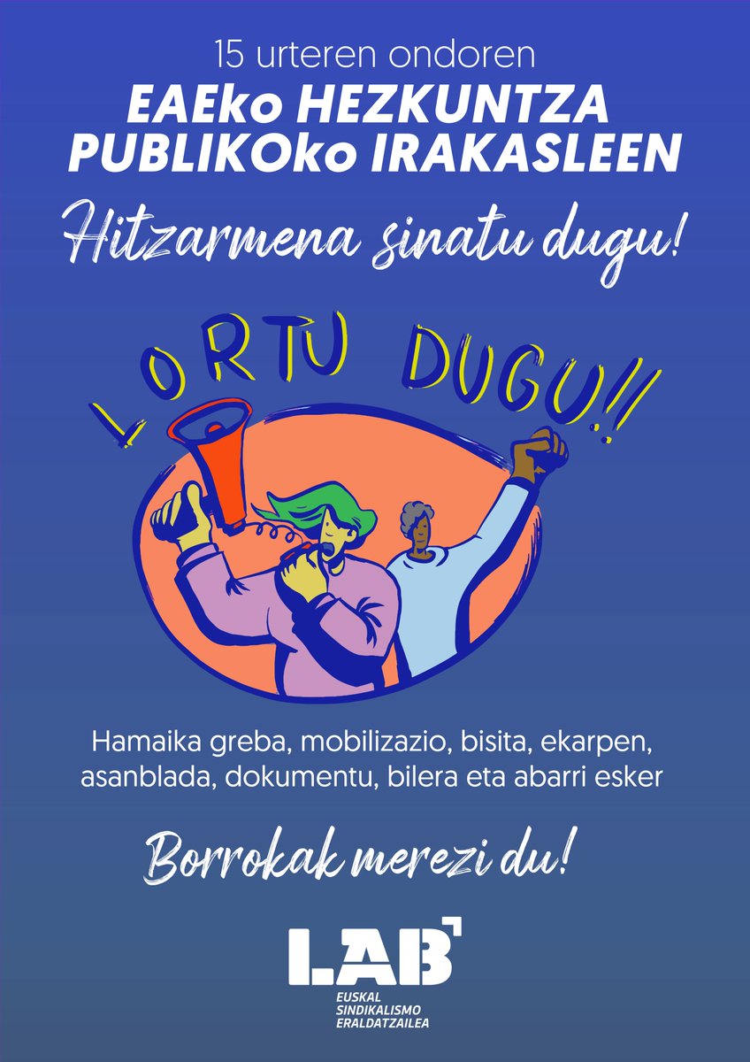 ✅LABek, langileen indarrari esker, EAEko hezkuntza publikoko irakasleen hitzarmena sinatu du 15 urteren ondoren

✊Euskal Eskola Publiko Komunitarioan bidean beste urrats bat egin dugu. Zorionak grebalari guztiei!

🔗labur.eus/bikp7ew2

#LortuDugu
