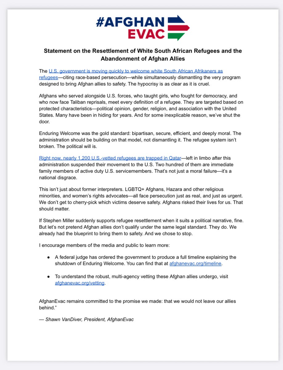 Statement on the Resettlement of White South African Refugees and the Abandonment of Afghan Allies

Please read and share. 

#Breaking #AfghanEvac #SaveEnduringWelcome