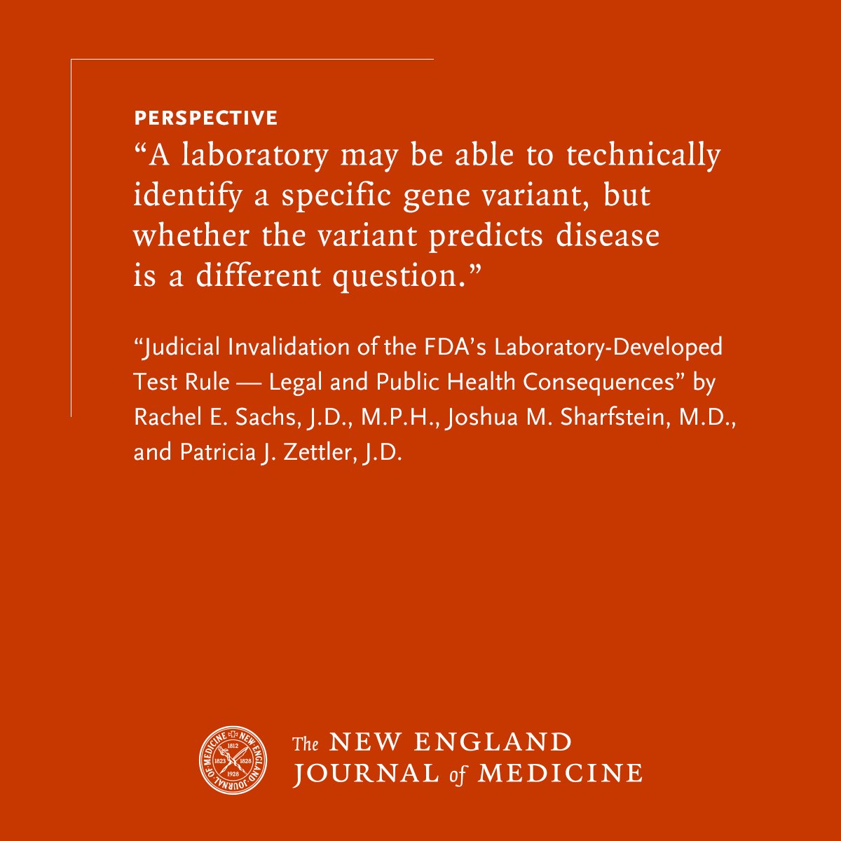 NEJM (@nejm) on Twitter photo Perspective by Rachel E. Sachs, JD, MPH, Joshua M. Sharfstein, MD (<a href="/drJoshS/">Joshua Sharfstein</a>), and Patricia J. Zettler, JD (<a href="/pzettler/">Patti Zettler</a>): Judicial Invalidation of the FDA’s Laboratory-Developed Test Rule — Legal and Public Health Consequences nej.md/3RP3HsT
#HealthPolicy Perspective by Rachel E. Sachs, JD, MPH, Joshua M. Sharfstein, MD (<a href="/drJoshS/">Joshua Sharfstein</a>), and Patricia J. Zettler, JD (<a href="/pzettler/">Patti Zettler</a>): Judicial Invalidation of the FDA’s Laboratory-Developed Test Rule — Legal and Public Health Consequences nej.md/3RP3HsT
#HealthPolicy