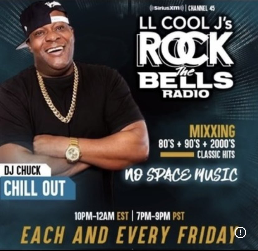 DJ Chuck Chillout (@djchuckchillout) on Twitter photo Yes it goes down tonight straight from the Boogie Down Bronx is the #nospacemusic show with your dogs the <a href="/djchuckchillout/">DJ Chuck Chillout</a> every Fri night at 10pm EST -7pm PST and the encore mix at 2am EST on <a href="/llcoolj/">LLCOOLJ</a> <a href="/RockTheBells/">Rock The Bells</a> radio on <a href="/SIRIUSXM/">SiriusXM</a> channel 43 let’s go America and Canada Yes it goes down tonight straight from the Boogie Down Bronx is the #nospacemusic show with your dogs the <a href="/djchuckchillout/">DJ Chuck Chillout</a> every Fri night at 10pm EST -7pm PST and the encore mix at 2am EST on <a href="/llcoolj/">LLCOOLJ</a> <a href="/RockTheBells/">Rock The Bells</a> radio on <a href="/SIRIUSXM/">SiriusXM</a> channel 43 let’s go America and Canada