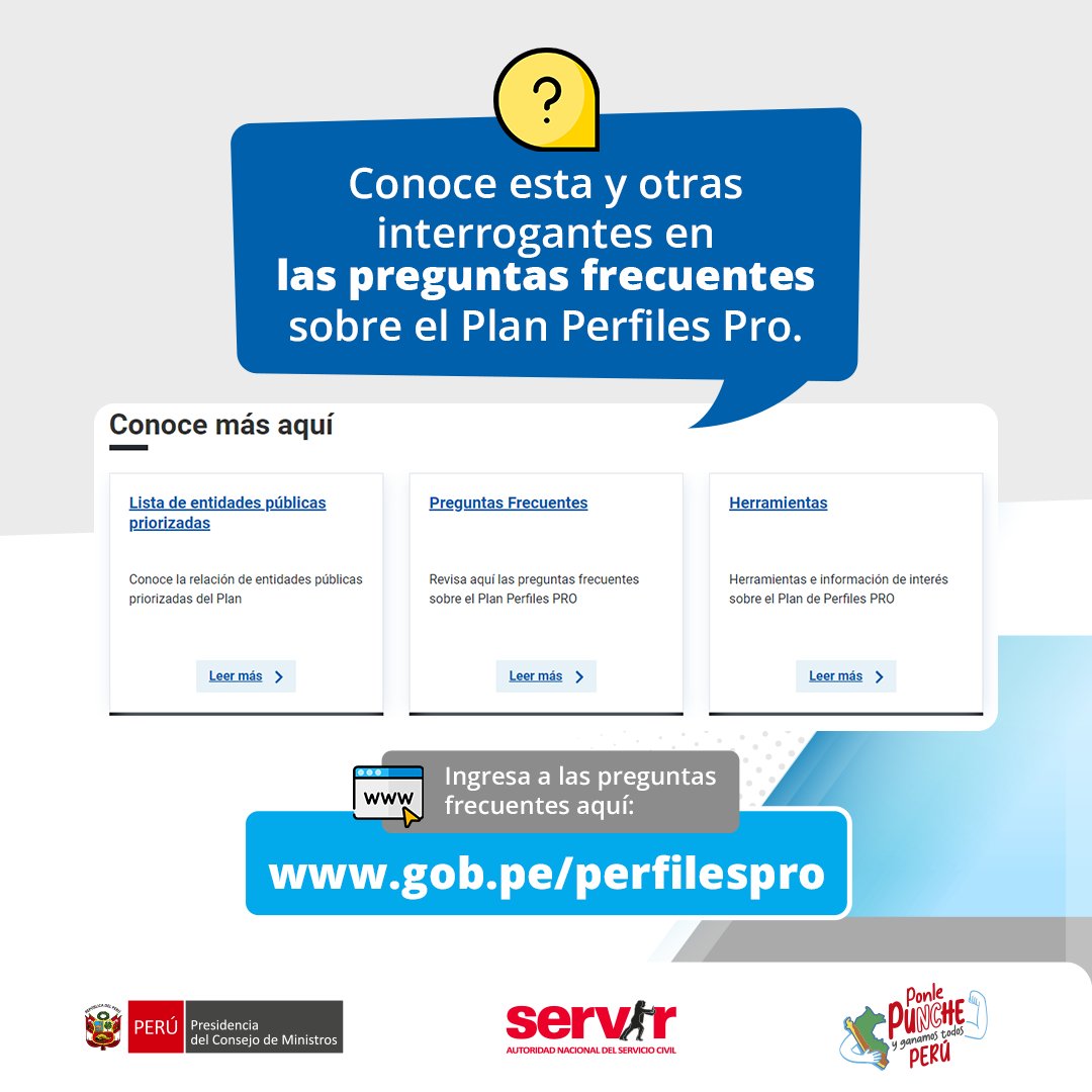 SERVIR_PERU's tweet photo. 🚨¡Conoce más de Perfiles PRO!
🔎Revisa las preguntas frecuentes de la estrategia #PerfilesPRO, el plan de mejora del proceso de #DiseñodePuestos en el Sistema Administrativo de Gestión de Recursos Humanos (#SAGRH)
💻Ingresa➡️ https://t.co/VuBljb7nVF
#AsistenciaTécnicaSERVIR #ORH https://t.co/8hcXVase16