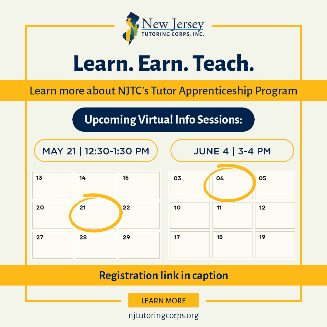 Discover how NJTC’s Tutor Apprenticeship Program can jumpstart your journey!

🗓️ Next Virtual Info Session:

🔹 May 21 | 12:30–1:30 PM
Register here: zoom.us/meeting/regist…

🔹 June 4 | 3–4 PM
Register here: zoom.us/meeting/regist…

📣 Share this opportunity! Make a difference!