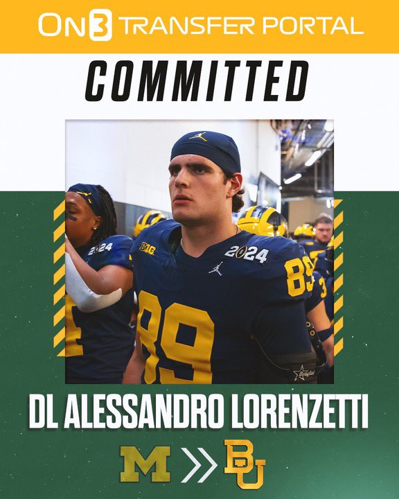 Pete Nakos (@petenakos_) on Twitter photo Michigan DL transfer Alessandro Lorenzetti has committed to Baylor, his agents tell <a href="/SWiltfong_/">Steve Wiltfong</a> and I
on3.com/transfer-porta… Michigan DL transfer Alessandro Lorenzetti has committed to Baylor, his agents tell <a href="/SWiltfong_/">Steve Wiltfong</a> and I
on3.com/transfer-porta…
