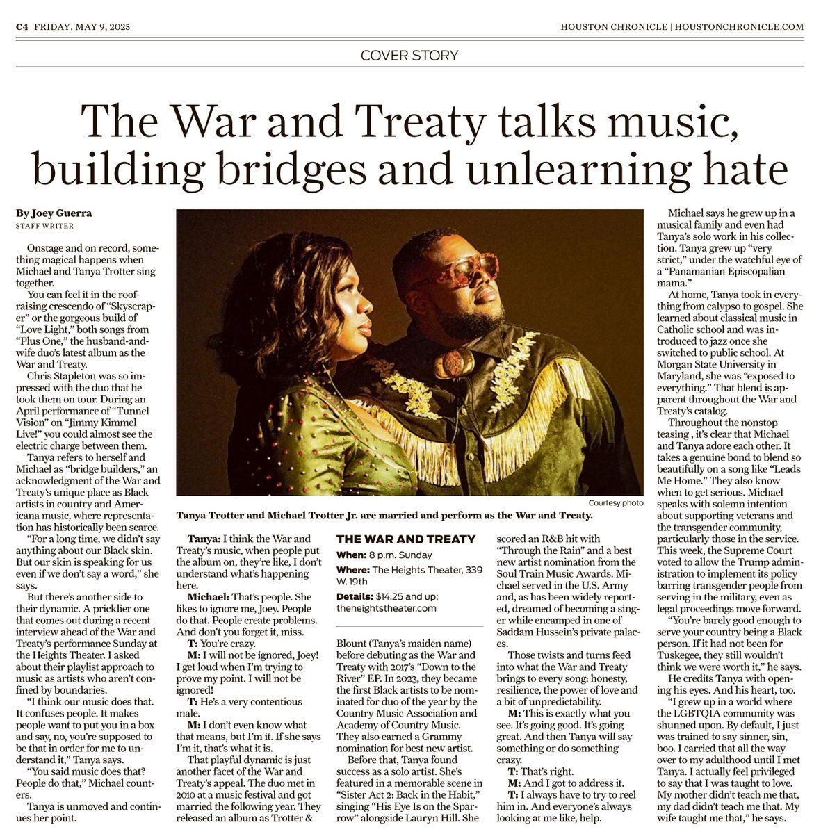 Joey Guerra 🪩 (@joeyguerra) on Twitter photo The <a href="/warandtreaty/">The War And Treaty</a> performs Sunday <a href="/heights_theater/">The Heights Theater</a>. I loved writing this. We spoke about defying genres, unlearning hate, supporting the trans community & being 'bridge builders'.
'Heaven is not the goal. Being a great human being is the goal.'
story: bit.ly/warandtreatyho… The <a href="/warandtreaty/">The War And Treaty</a> performs Sunday <a href="/heights_theater/">The Heights Theater</a>. I loved writing this. We spoke about defying genres, unlearning hate, supporting the trans community & being 'bridge builders'.
'Heaven is not the goal. Being a great human being is the goal.'
story: bit.ly/warandtreatyho…