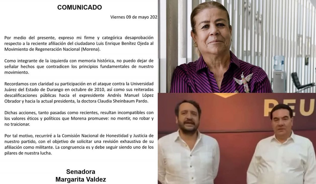 Noticias_Dgo's tweet image. 🔴 #Durango |• La Senadora Margarita Valdez se manifiesta en contra de la afiliación de Luis Enrique Benítez Ojeda al Movimiento de Regeneración Nacional.
#SenadoraMargaritaValdez 👇👇👇