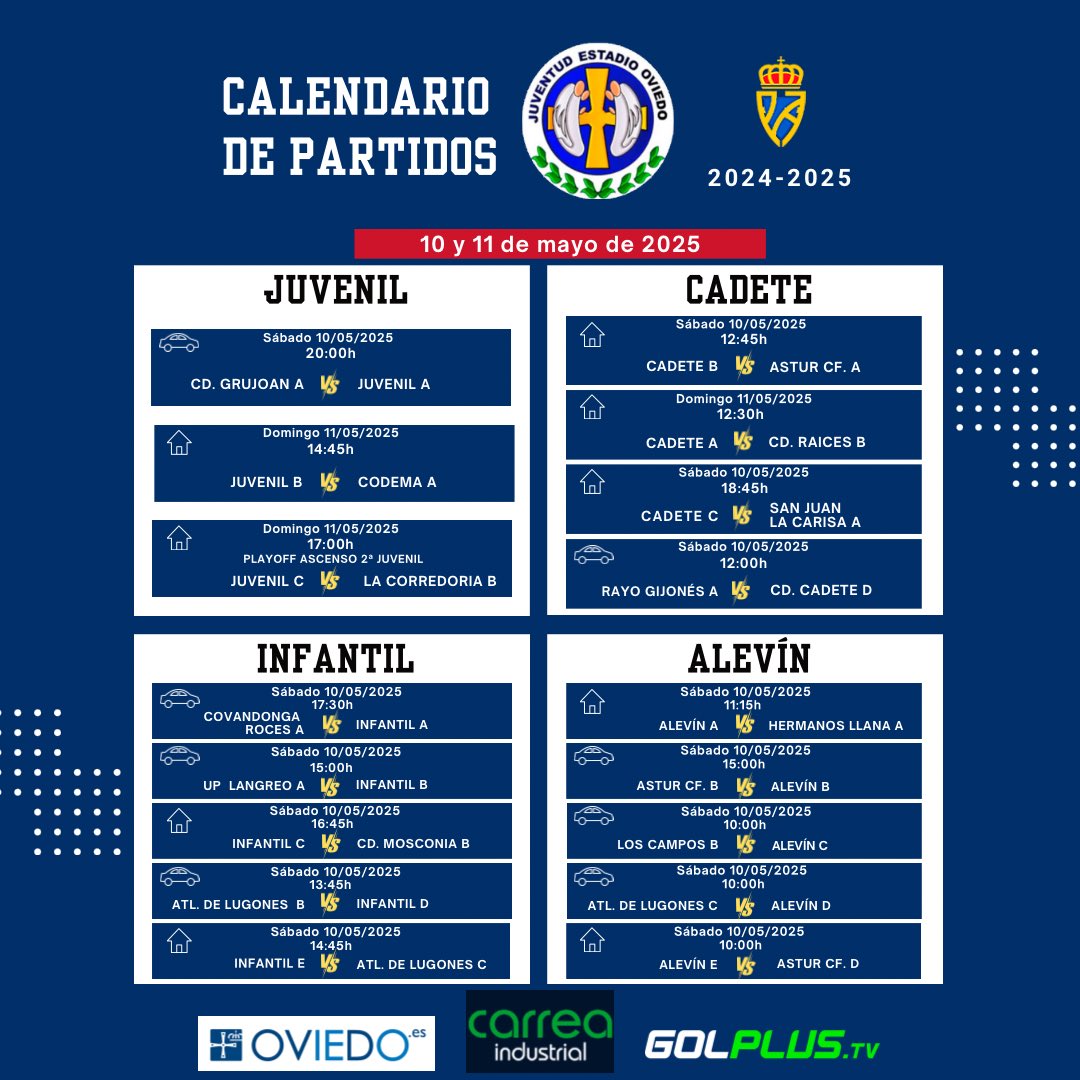 🗓️⌚️𝗛𝗢𝗥𝗔𝗥𝗜𝗢𝗦 𝗗𝗘 𝗣𝗔𝗥𝗧𝗜𝗗𝗢𝗦 𝗘𝗡 𝗖𝗔𝗠𝗣𝗢!!! ⚪️🔵 

Finde 10 y 11 mayo de 2025 ⚽️

#123Estadio💙
#Fútbol8 #Fútbol11 #FútbolBase
#Fútbolcomoestilodevida 👇👇