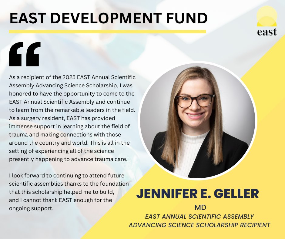 EAST_TRAUMA's tweet photo. Traumatic injury is a public health challenge, but thanks to your generosity, we can support trauma leaders like Dr. @Jengeller1 who are working to prevent injury and save lives. Donate to the EAST Development Fund &amp; help support the future of trauma care. https://t.co/Xw2n1HVcGX https://t.co/Jge06sWFLw