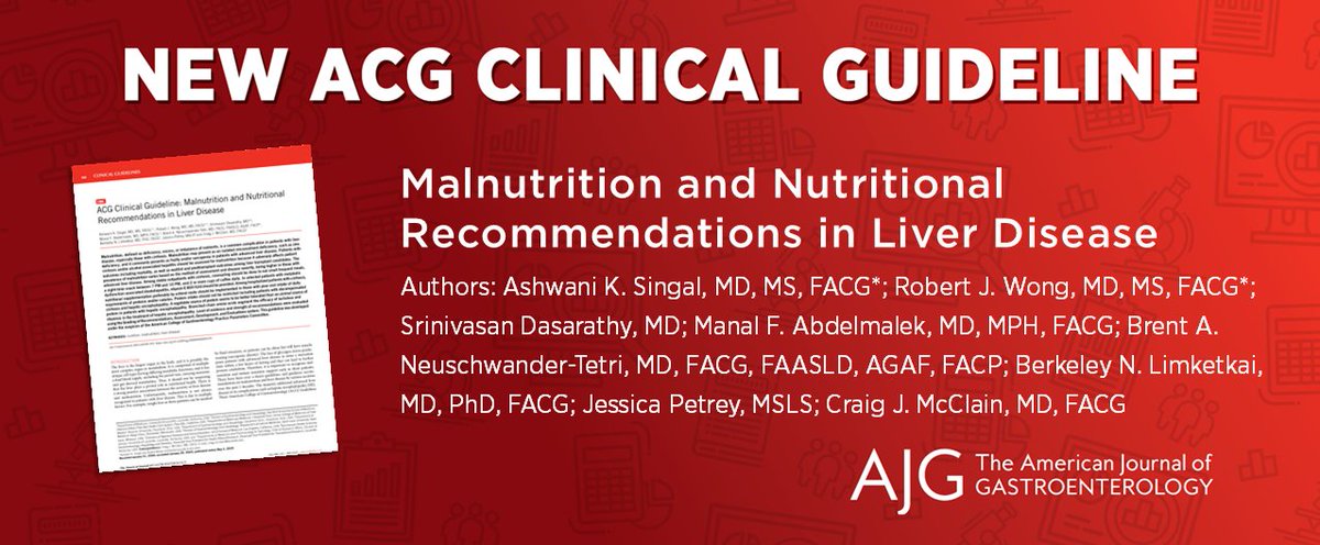 AJG - The American Journal of Gastroenterology (@amjgastro) on Twitter photo NEW ACG Clinical Guideline:
Malnutrition and Nutritional Recommendations in Liver Disease
Singal & Wong, et al.
📕 bit.ly/acg-guideline-…
<a href="/singal_ashwani/">Ashwani Singal</a> <a href="/Robert_J_Wong/">Robert Wong, MD, MS, FAASLD, FACG</a> <a href="/JasmohanBajaj/">Jasmohan Bajaj</a> <a href="/MLongMD/">Millie Long</a> NEW ACG Clinical Guideline:
Malnutrition and Nutritional Recommendations in Liver Disease
Singal & Wong, et al.
📕 bit.ly/acg-guideline-…
<a href="/singal_ashwani/">Ashwani Singal</a> <a href="/Robert_J_Wong/">Robert Wong, MD, MS, FAASLD, FACG</a> <a href="/JasmohanBajaj/">Jasmohan Bajaj</a> <a href="/MLongMD/">Millie Long</a>