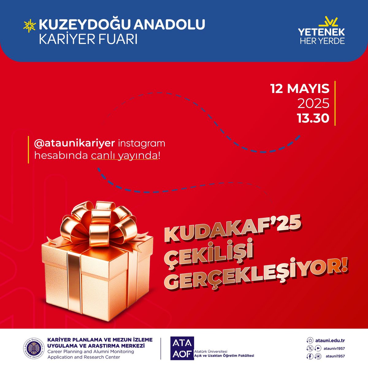 💫 Çekiliş 12 Mayıs Pazartesi günü saat 13.30’da @ataunikariyer instagram hesabından canlı olarak yayınlanacaktır. 
💫 Çekilişte kazanan numaraların sahibi öğrenciler ve kazandıkları hediyeler @ataunikariyer instagram hesabında duyurulacaktır. Takipte kalın!!!