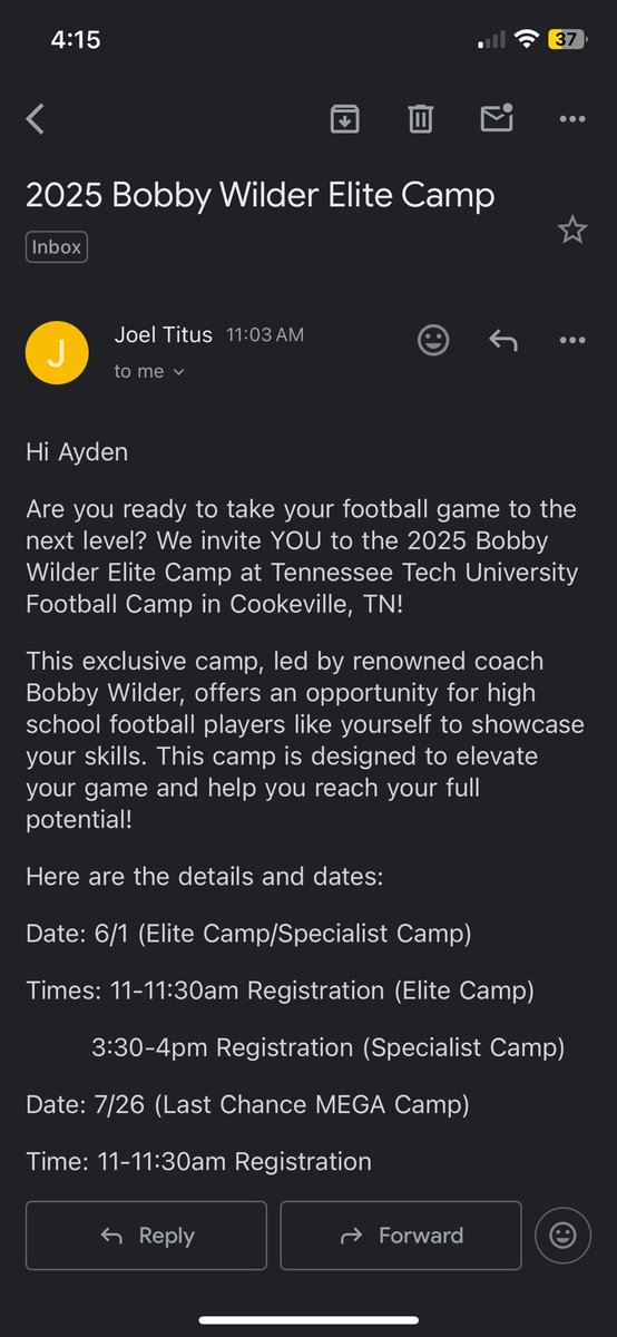 Ayden Crosswhite (@aydencrosswhite) on Twitter photo Thank you for the invite to come and compete at your camp! <a href="/TNTechFootball/">TTU Football</a> <a href="/CoachWilder353/">Bobby Wilder</a> Thank you for the invite to come and compete at your camp! <a href="/TNTechFootball/">TTU Football</a> <a href="/CoachWilder353/">Bobby Wilder</a>