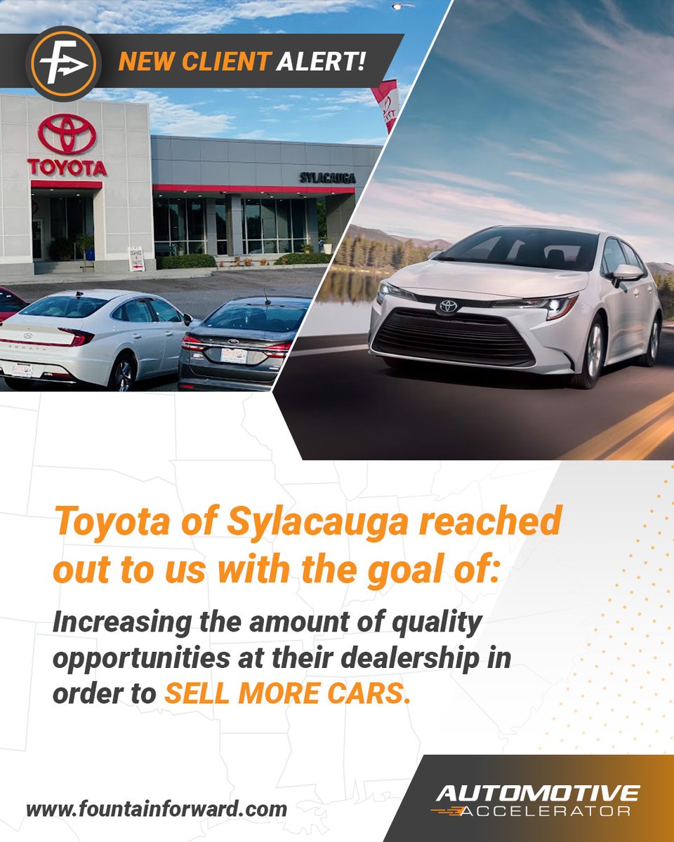 FountainForward's tweet photo. Toyota of Sylacauga has partnered with Fountain Forward to crush the competition! Are you ready to increase the amount of quality opportunities dealership and SELL MORE CARS?  https://t.co/HtKos811tj

#WelcomeToTheTeam #FountainForward https://t.co/jNvzJMWatx