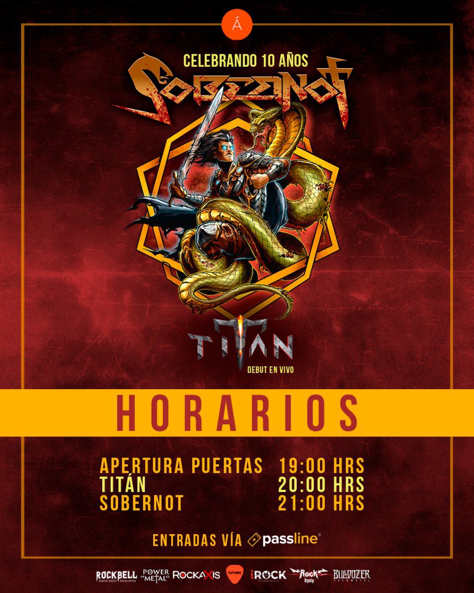 Les dejamos aquí los horarios del día de hoy! Los esperamos en esta velada imperdible! 🤘🔥

Últimas entradas en #Passline ! 

passline.com/eventos/sobern…

#AURT 🐍