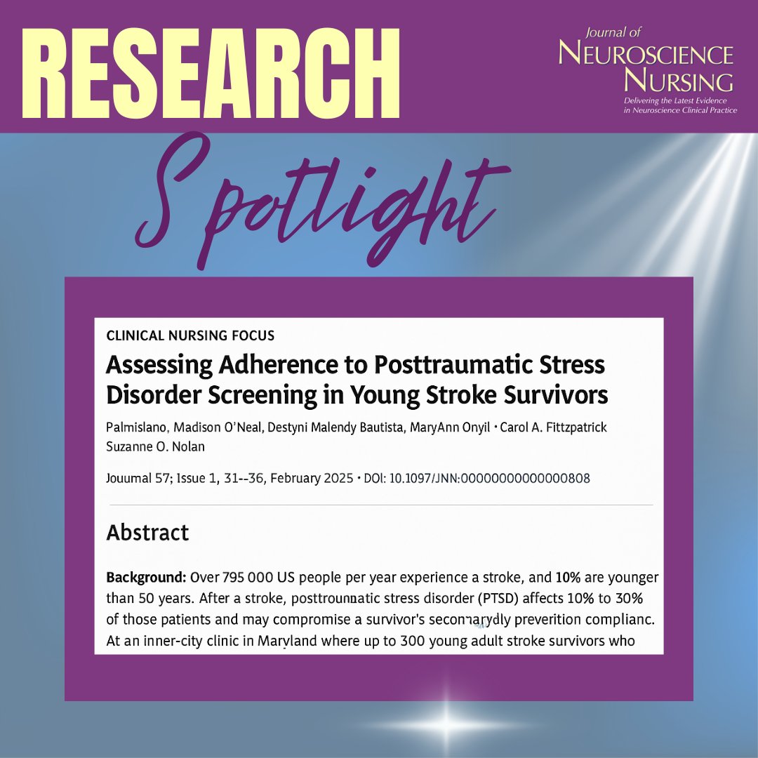 PTSD after stroke is real—especially for young survivors. A Maryland clinic found 18.8% screened positive for PTSD when assessed with a validated screening tool. Routine screening = better stroke recovery. 
🔗 doi.org/10.1097/JNN.00… 
#StrokeRecovery #PTSD #NeuroNursing