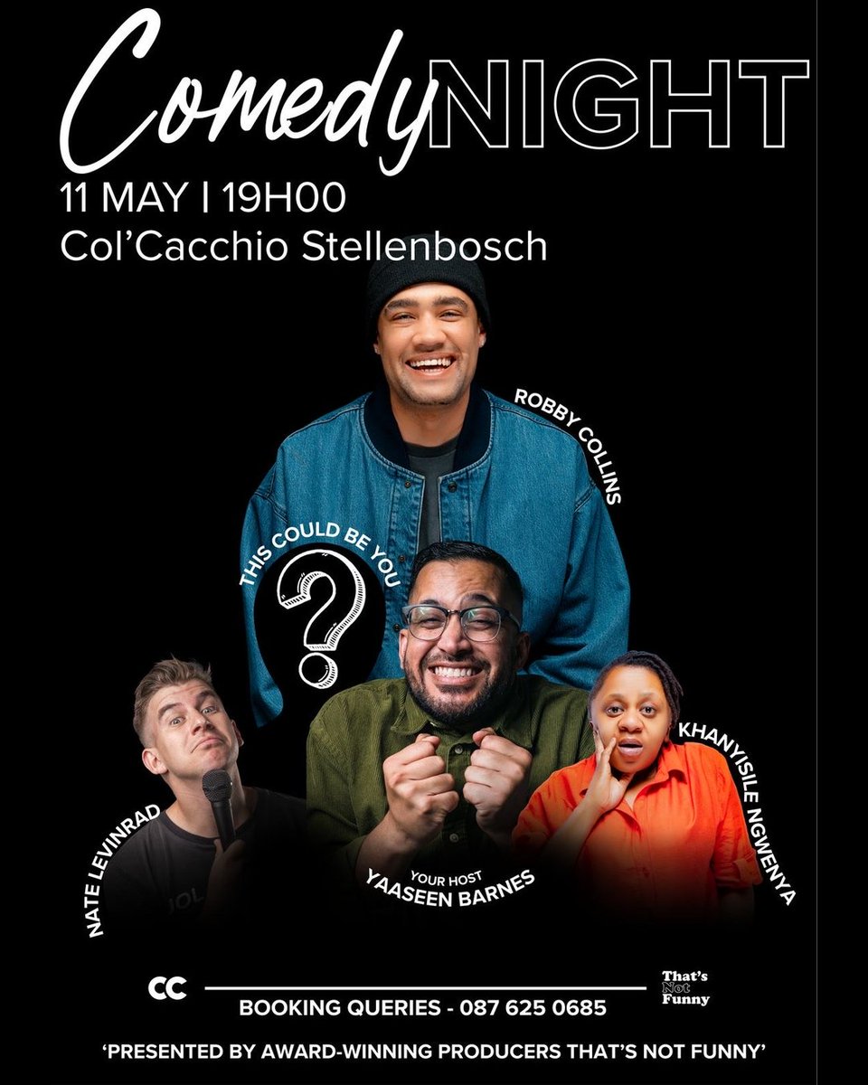 MFM 92.6 (@mfm926) on Twitter photo Stellenbosch, <a href="/ColCacchio/">Col'Cacchio</a> Comedy Night is back!
Join award-winning comedians Yaaseen Barnes and Robby Collins, joined by the amazing Nate Levinraad and Khanyisile Ngwenya, this Sun at a stand-up show featuring SA’s freshest comedic talent! Doors open at 19:30. Tickets are R150. Stellenbosch, <a href="/ColCacchio/">Col'Cacchio</a> Comedy Night is back!
Join award-winning comedians Yaaseen Barnes and Robby Collins, joined by the amazing Nate Levinraad and Khanyisile Ngwenya, this Sun at a stand-up show featuring SA’s freshest comedic talent! Doors open at 19:30. Tickets are R150.