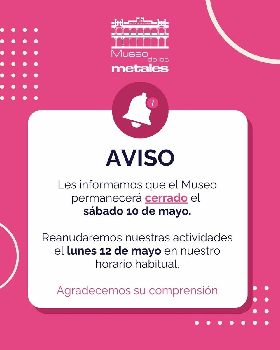 📌 Aviso importante:
Este sábado el 🏛️ Museo permanecerá cerrado, retomando actividades el próximo lunes en horario habitual.

💐 Que pasen un feliz Día de la Madre y un excelente fin de semana ☀️🌷