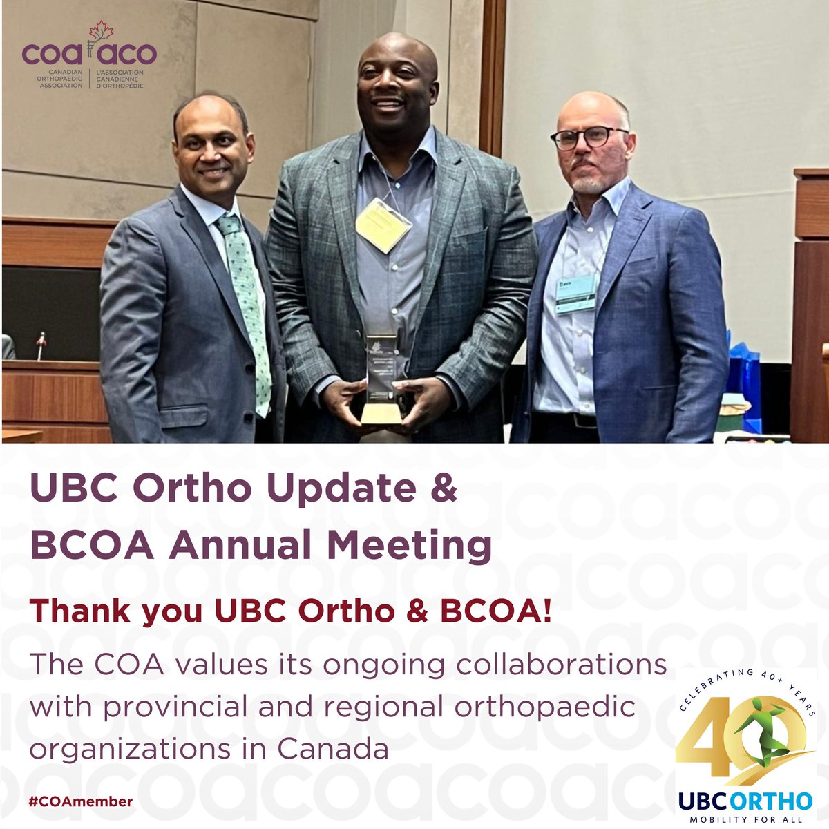 Dr. Olufemi Ayeni had the pleasure of representing the COA at this week’s University of British Columbia (UBC) Ortho Update and BC Orthopaedic Association (BCOA) Annual Meeting in Vancouver.

Our sincere thanks to Program Chairs Drs. Lisa Howard and Tym Frank, Department Chair