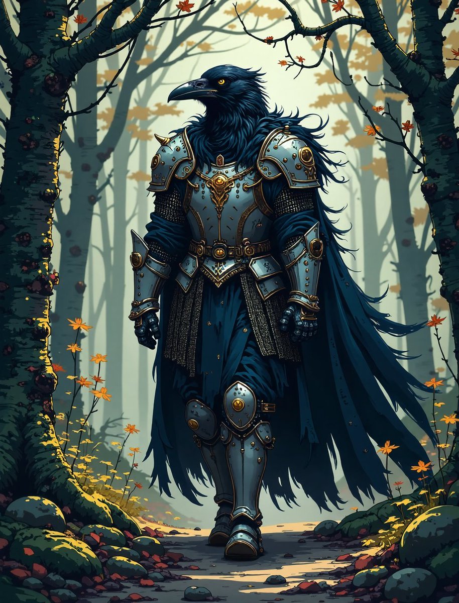j0rd0n's tweet photo. From the whispering woods emerges a feathered knight, cloaked in shadow and steel. #AIart #RavenKnight #FantasyArt #Birdfolk https://t.co/BEnIzvrGCT