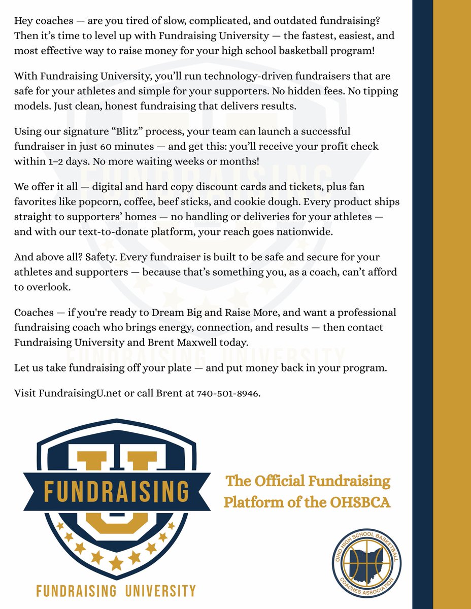 OHSBCA (@ohiobkcoaches) on Twitter photo Attention Coaches:
Take time to read this important message from our friends at Fundraising University.
Fundraising University is the official fundraising platform of the OHSBCA.
<a href="/OhioFundraising/">Fundraising University-Ohio</a> Attention Coaches:
Take time to read this important message from our friends at Fundraising University.
Fundraising University is the official fundraising platform of the OHSBCA.
<a href="/OhioFundraising/">Fundraising University-Ohio</a>