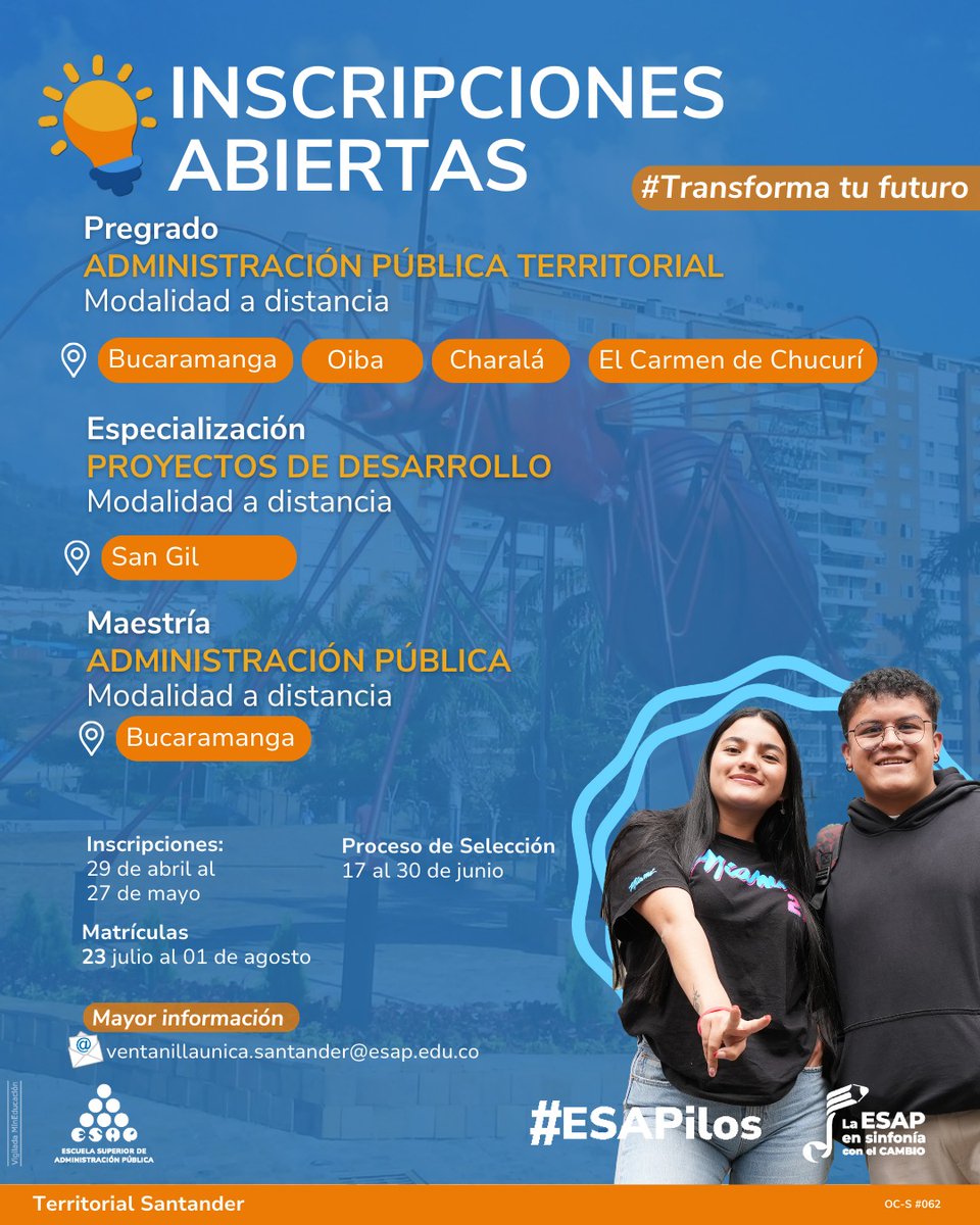 BLUSantanderes's tweet photo. Hasta el próximo 27 de mayo están abiertas las inscripciones gratis para estudiar carreras profesionales y de posgrado en la Esap en Santander #VocesySonidos https://t.co/w6pE8L4jp6