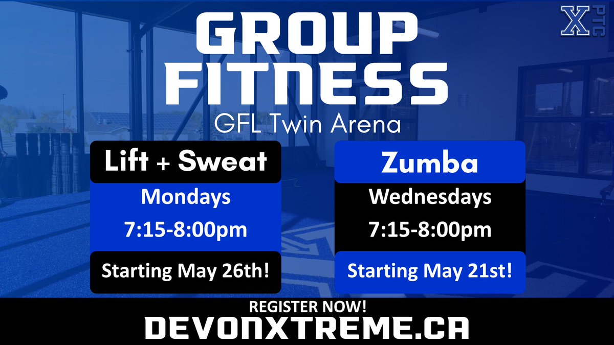 Hey Devon! Big News!

Community Programming is launching at the GFL Twin Arena—right inside the X-Performance Training Centre!

We're kicking things off with Zumba class on Wednesday, May 21, at 7:15 PM—and you won’t want to miss it!

Ready to move?

devonxtreme.ca/x-ptc-communit…
