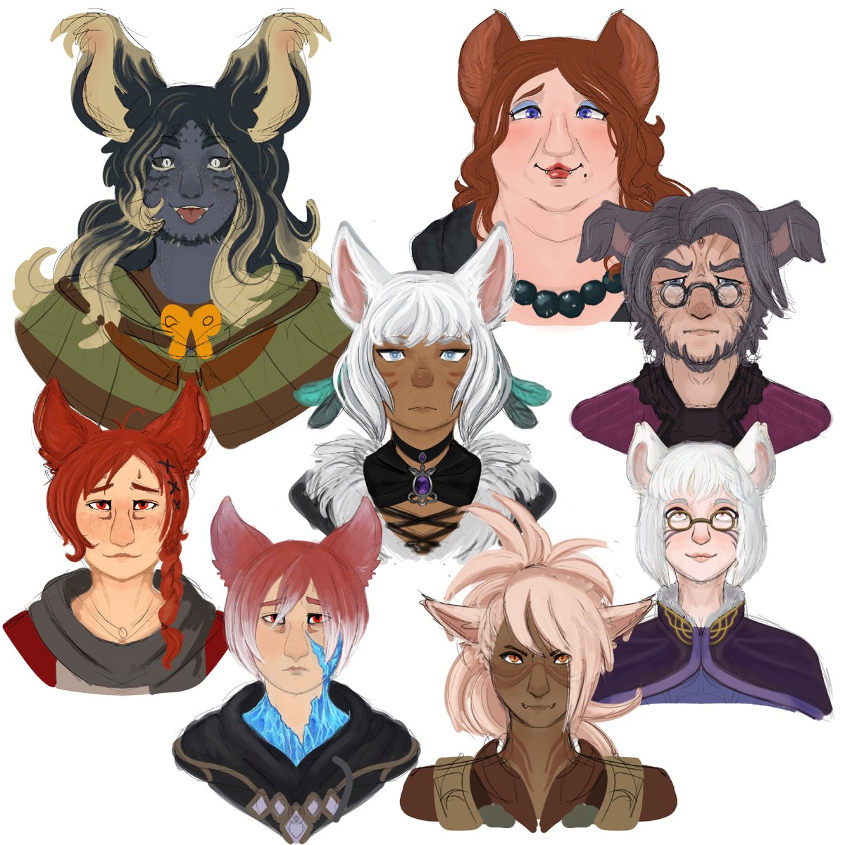 MSQ Mi'qote w/ my headcanons for them! Focused on more ear and marking variety.

Dandel'li Onne (My WoL), Dulia-Chai, Chai-Nuzz, Y'shtola, G'raha Tia, Crystal Exarch, M'Naago and F'lhaminn. 

Did I miss any? 
#ffxiv #FFXIVART
