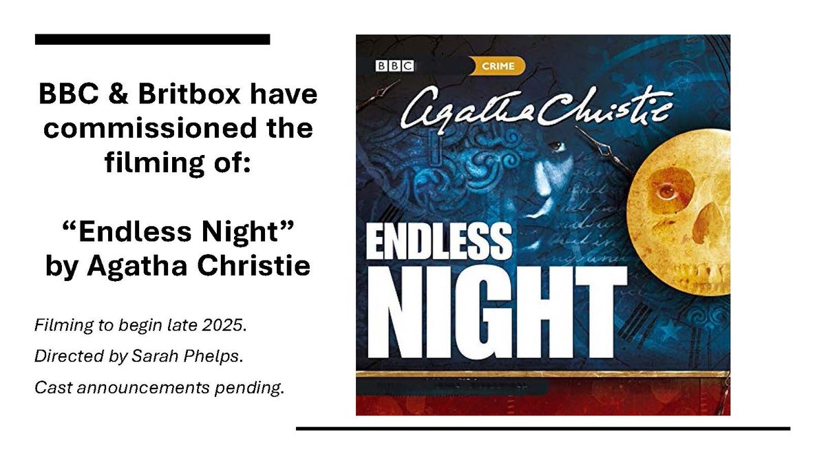 NEWS: Another #agathachristie novel has been selected for an updated version - Endless Night (last filmed in 1972). It will be a 3-part series for BBC &amp; BritBox. Filming this autumn w/ cast announcements pending to fill the shoes of Hayley Mills, Hywel Bennett &amp; Brit Ekland!