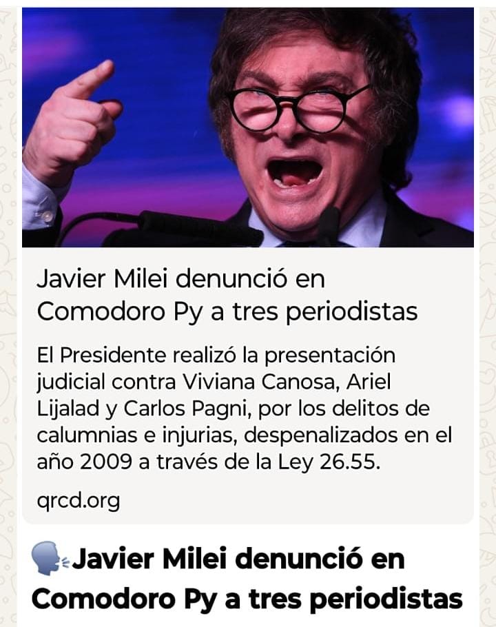 Dante López Foresi (@danteforesi) on Twitter photo Cristina despenalizó los delitos de calumnias e injurias contra periodistas, para que podamos opinar libremente. Hoy Javier Milei demandó por calumnias e injurias a los colegas <a href="/arilijalad/">ari lijalad</a>, <a href="/vivicanosaok/">Viviana Canosa</a> y Carlos Pagni. Pero resulta que la yegua es ella y él es libertario. Cristina despenalizó los delitos de calumnias e injurias contra periodistas, para que podamos opinar libremente. Hoy Javier Milei demandó por calumnias e injurias a los colegas <a href="/arilijalad/">ari lijalad</a>, <a href="/vivicanosaok/">Viviana Canosa</a> y Carlos Pagni. Pero resulta que la yegua es ella y él es libertario.
