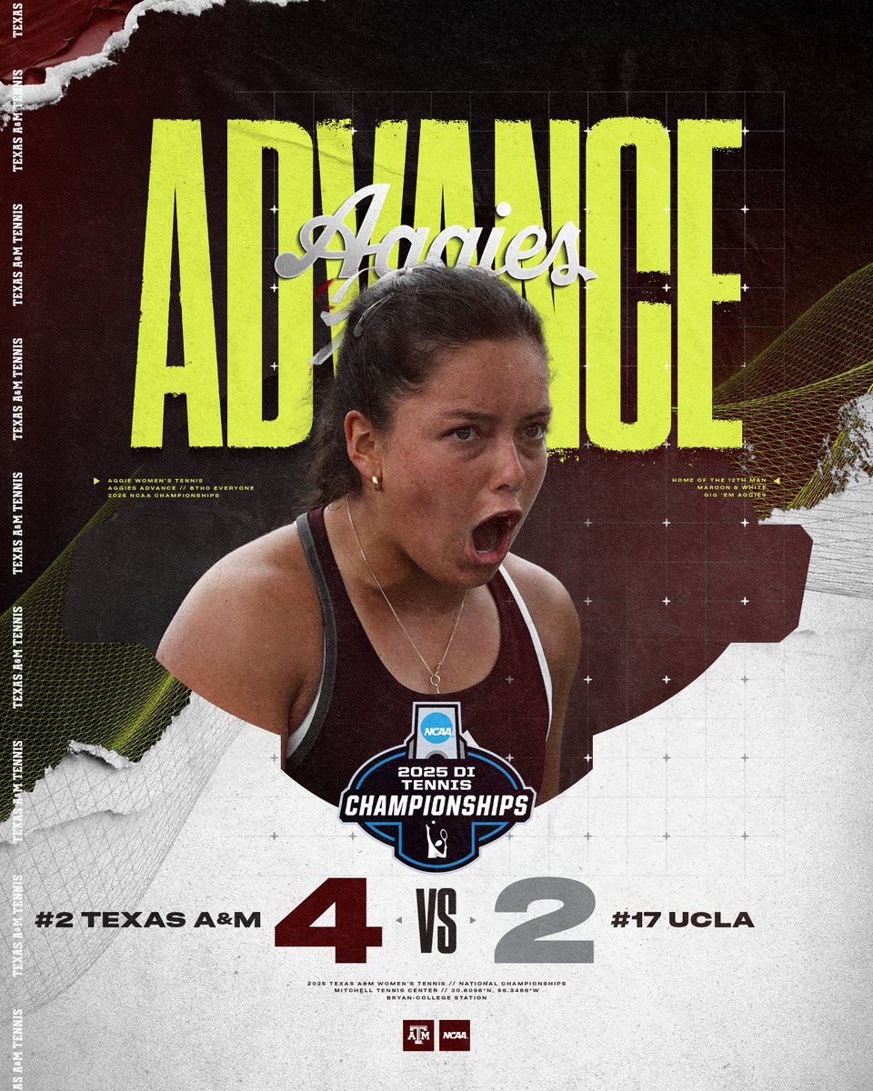AGGIES ARE ELITE😏‼️

#2 Texas A&amp;M takes down #17 UCLA, 4-2, to advance to the Elite Eight of the NCAA Tournament👍

#GigEm//#AggieWT