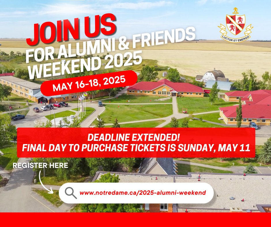 Hello Hounds! Last chance - May 11th will be the last day to get your tickets for Allapodreda Weekend on May 16-18th
 
To view the weekend schedule and purchase your tickets, please visit notredame.ca/2025-alumni-we…

#atholmurraycollegeofnotredame #notredamehoundsalumni