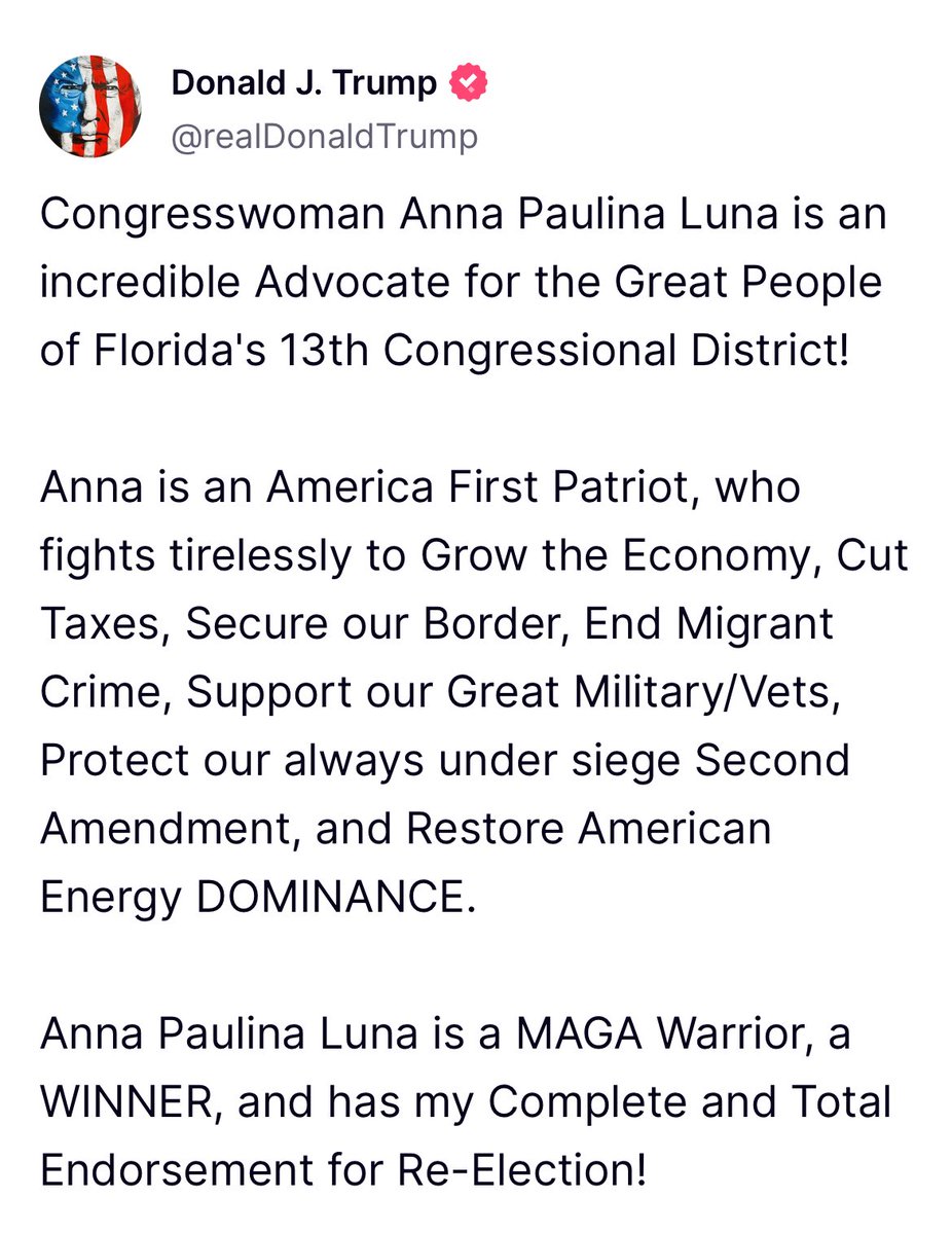 Anna Paulina Luna (@realannapaulina) on Twitter photo Thank you <a href="/POTUS/">President Donald J. Trump</a> ! I am honored to have your endorsement and look forward to continuing to fight for this incredible country! Thank you <a href="/POTUS/">President Donald J. Trump</a> ! I am honored to have your endorsement and look forward to continuing to fight for this incredible country!