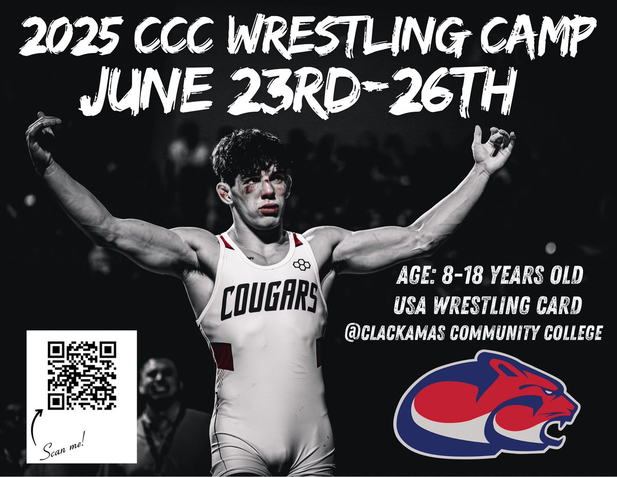 🚨2025 CCC WRESTLING CAMP🚨
Registration is now open for CCC WRESTLING CAMP! 
Scan the QR-Code on the flyer. 
Will see you next month. 
#COE #ClackU #cccwrestlingcamp