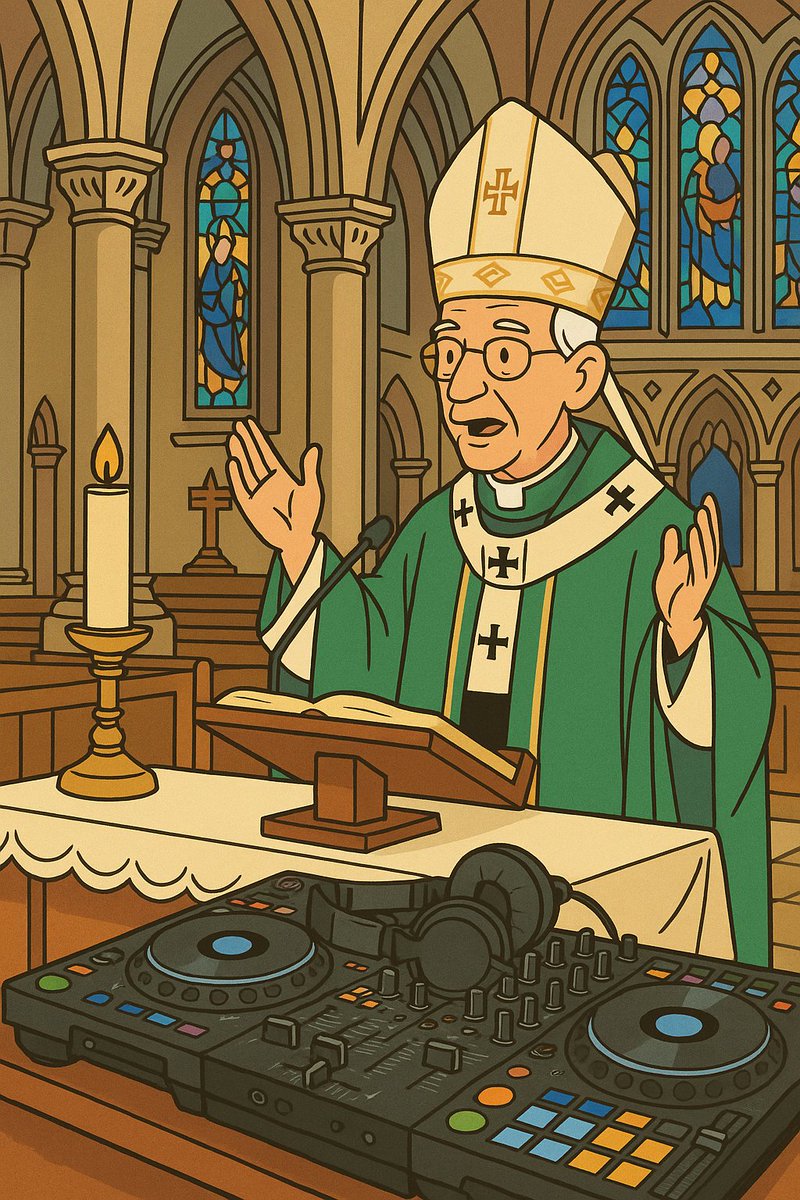 Latinactivista's tweet photo. No hymns—it’ll be ‘In the beginning, there was Jack... &amp; Jack had a groove’. 
House Music All Mass Long!!
Vatican Resident DJs spinning House music. Remix hallelujahs. DJ Pope Leo 
#Pope #chicago #PopeLeo #HouseMusic #ChicagoHouse #catholicchurch #chicagohousemusic https://t.co/kxtDTDZZxq