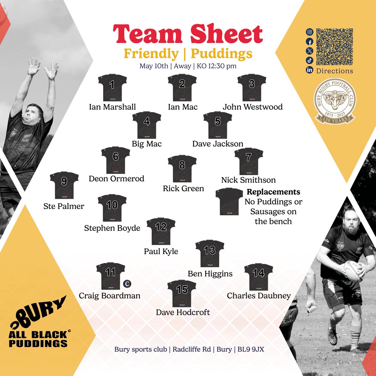 🚨 Team News! 🚨 

Here’s how the teams line up this weekend with the Bury Black puddings playing away to Clitheroe 
All support welcome!

#rugby #rugbyunion #grassrootsrugby #bury