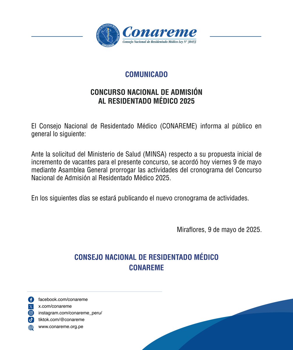 CONAREME's tweet photo. COMUNICADO: CONCURSO NACIONAL DE ADMISIÓN AL RESIDENTADO MÉDICO 2025. https://t.co/Ah9kNnyBrk