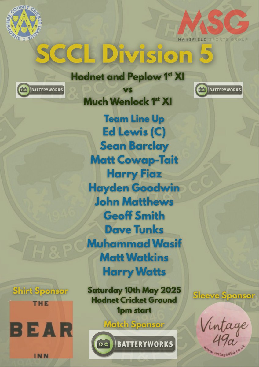 Hodnet and Peplow Cricket Club (@hodnetpeplowcc) on Twitter photo Our XI for the visit of Much Wenlock tomorrow <a href="/ShropCCLeague/">ShropshireCCLeague</a> <a href="/mansfieldsportg/">Mansfield Sports Group</a> , with a notable debut from 13 year old Harry Watts.
#CricketFamily #Village Cricket #GoWell Our XI for the visit of Much Wenlock tomorrow <a href="/ShropCCLeague/">ShropshireCCLeague</a> <a href="/mansfieldsportg/">Mansfield Sports Group</a> , with a notable debut from 13 year old Harry Watts.
#CricketFamily #Village Cricket #GoWell