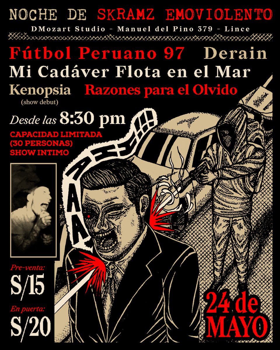 micadaverflota's tweet photo. See you this May 24th at D'Mozart (Manuel Pino 379, Lince) 📍Lima, Peru. A great night of #screamo and #emoviolence, an extra intimate show limited to only 30 people starting at 8:30 pm. Secure your ticket and write to us to get on the list! It will be an unforgettable night. https://t.co/fsy5WgHSki