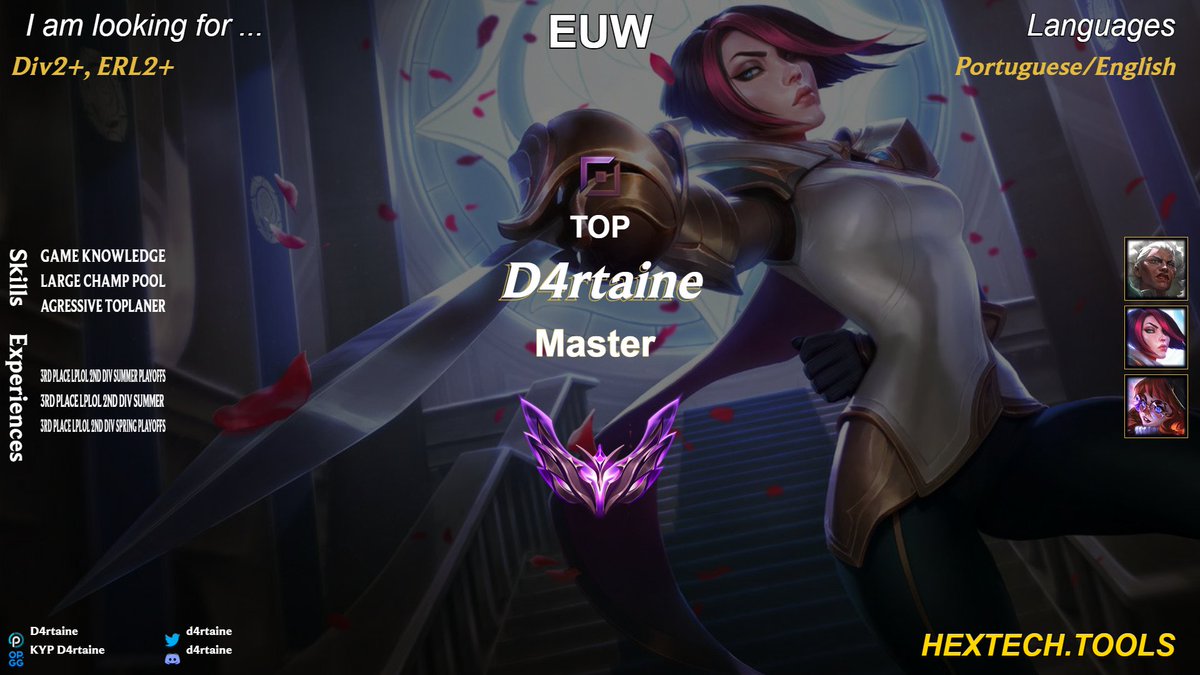 D4rtaine (@d4rtaine) on Twitter photo After a split with <a href="/KeypulseEsports/">Keypulse Esports</a> I am now LFT.
Pref Div2+, ERL2+ but will take a look at any offers.
For more info DM me anywhere.
References
<a href="/XKamyta/">Kamyta</a>
<a href="/Syklash/">Syklash</a>
<a href="/MKlintas/">Malio Klintas</a>
<a href="/AlbaMlg420/">Hugo (Alba)</a>
Likes and RT's appreciated After a split with <a href="/KeypulseEsports/">Keypulse Esports</a> I am now LFT.
Pref Div2+, ERL2+ but will take a look at any offers.
For more info DM me anywhere.
References
<a href="/XKamyta/">Kamyta</a>
<a href="/Syklash/">Syklash</a>
<a href="/MKlintas/">Malio Klintas</a>
<a href="/AlbaMlg420/">Hugo (Alba)</a>
Likes and RT's appreciated