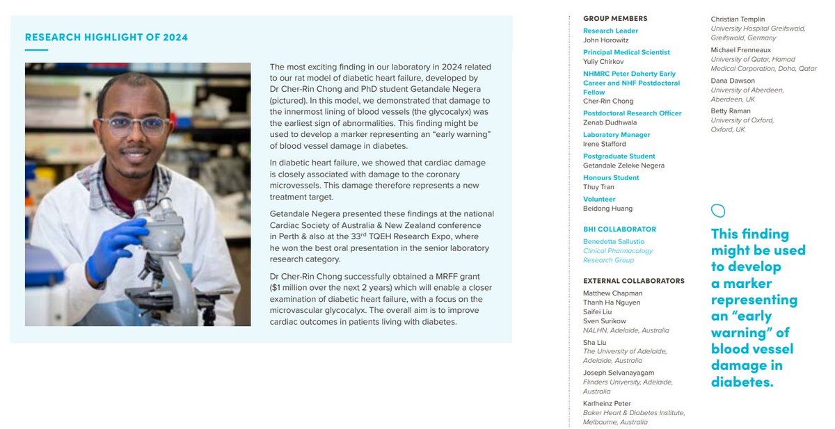 🌟 Thrilled to share that our work on a rat model of diabetic heart failure was featured as the Research Highlight of 2024 at the Basil Hetzel Institute for Translational Health Research Annual Report! 🌟 bit.ly/3Z9zlVK 
#CardiovascularResearch #Diabetes