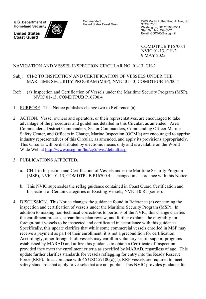 The Coast Guard has announced Change-2 to NVIC 01-13, simplifying reflagging and certification for foreign-built vessels eligible under the Maritime Security Program. 

Learn more: uscg.mil/reflag
Full update: tinyurl.com/bdehaud7