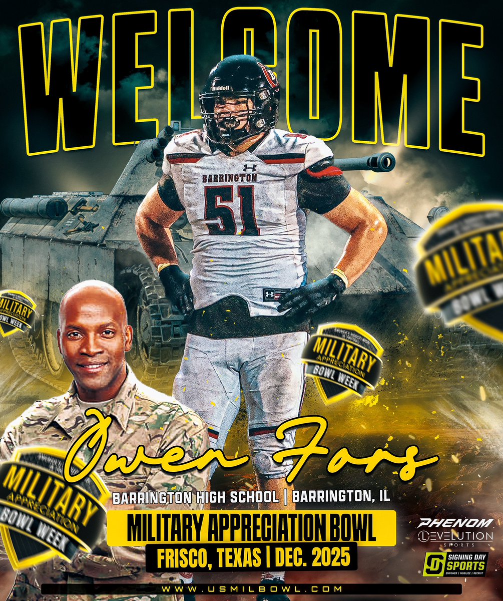 Owen Fors 2026 (@owen_fors) on Twitter photo Blessed to announce I will be playing in the <a href="/USArmyBowl/">Military Appreciation Bowl Week</a> All-American game. Thank you <a href="/joeray36/">Joe Ray</a>.
<a href="/BHS220Football/">Barrington Football</a> <a href="/LemmingReport/">Tom Lemming</a> <a href="/OLMafia/">OL MAFIA</a> <a href="/AllenTrieu/">Allen Trieu</a> <a href="/EDGYTIM/">Timothy “EDGYTIM” OHalloran</a> <a href="/PrepRedzoneIL/">Prep Redzone Illinois</a> Blessed to announce I will be playing in the <a href="/USArmyBowl/">Military Appreciation Bowl Week</a> All-American game. Thank you <a href="/joeray36/">Joe Ray</a>.
<a href="/BHS220Football/">Barrington Football</a> <a href="/LemmingReport/">Tom Lemming</a> <a href="/OLMafia/">OL MAFIA</a> <a href="/AllenTrieu/">Allen Trieu</a> <a href="/EDGYTIM/">Timothy “EDGYTIM” OHalloran</a> <a href="/PrepRedzoneIL/">Prep Redzone Illinois</a>