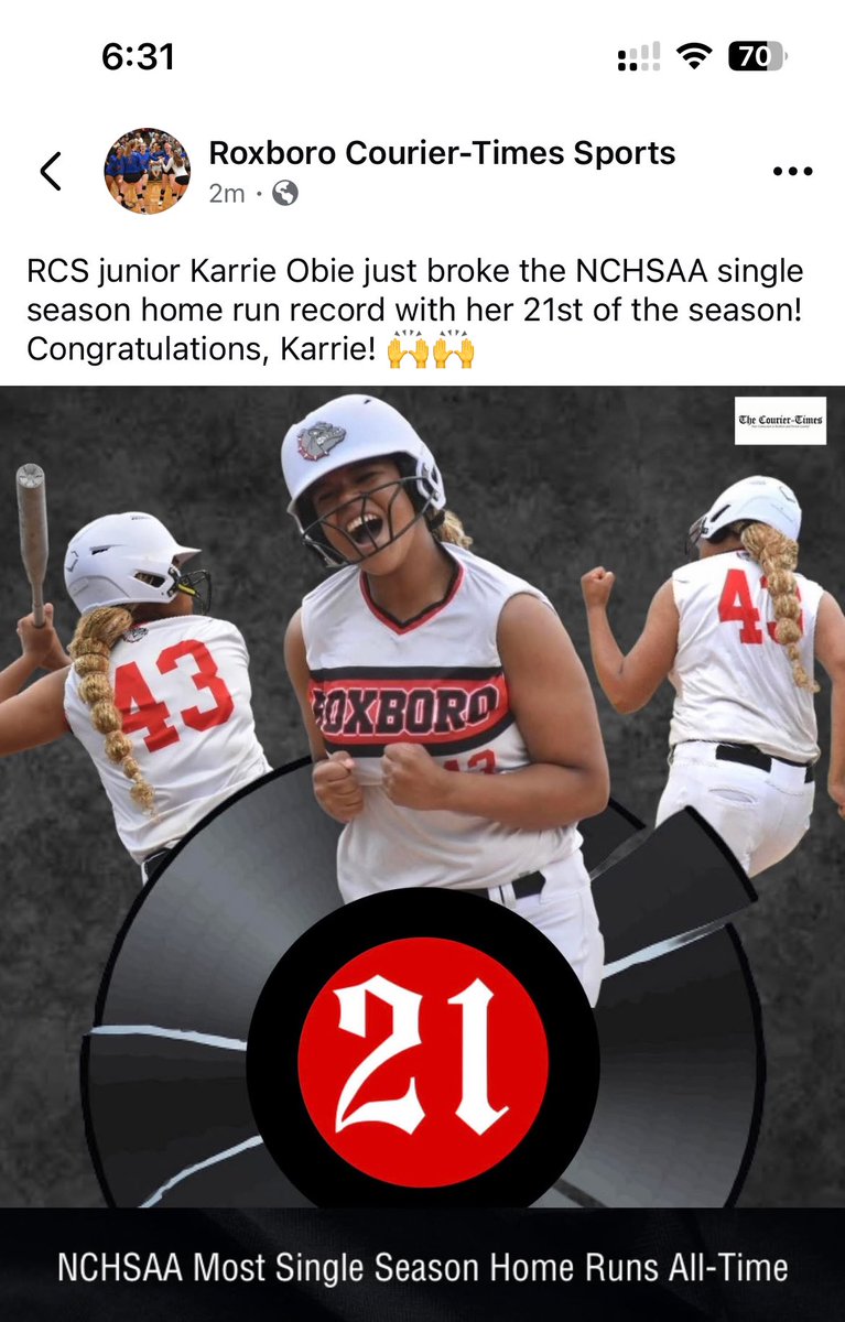 Roxboro Community School junior Karrie Obie just belted home run No. 21 of the season! <a href="/NCHSAA/">NCHSAA</a>