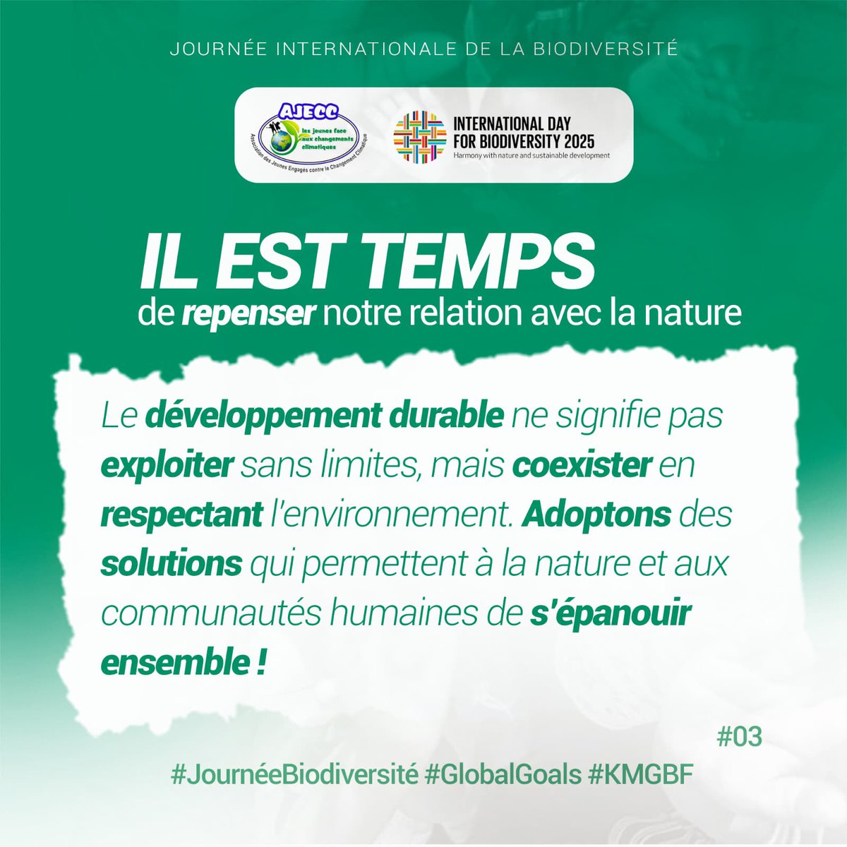ɪʟ ᴇꜱᴛ ᴛᴇᴍᴘꜱ ᴅᴇ ʀᴇᴘᴇɴꜱᴇʀ ɴᴏᴛʀᴇ ʀᴇʟᴀᴛɪᴏɴ ᴀᴠᴇᴄ ʟᴀ ɴᴀᴛᴜʀᴇ.
Le développement durable ne peut se faire au détriment de notre environnement.
#BiodiversityDay #GlobalGoals #KMGBF
<a href="/MERF_Togo/">MERF TOGO</a> <a href="/UNBiodiversity/">UN Biodiversity</a>  <a href="/IPBES/">ipbes</a> <a href="/GYBN_CBD/">Global Youth Biodiversity Network (GYBN)</a>