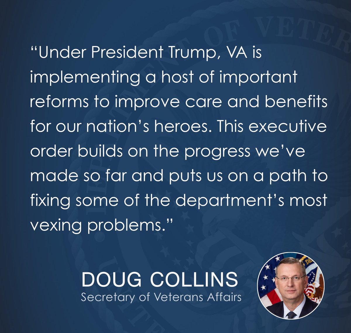 Veterans Affairs (@deptvetaffairs) on Twitter photo .<a href="/SecVetAffairs/">VA Secretary Doug Collins</a> statement on <a href="/POTUS/">President Donald J. Trump</a>’ EO to provide better care to Veterans, improve accountability, and establish a National Center for Warrior Independence for homeless Veterans
news.va.gov/press-room/va-… .<a href="/SecVetAffairs/">VA Secretary Doug Collins</a> statement on <a href="/POTUS/">President Donald J. Trump</a>’ EO to provide better care to Veterans, improve accountability, and establish a National Center for Warrior Independence for homeless Veterans
news.va.gov/press-room/va-…