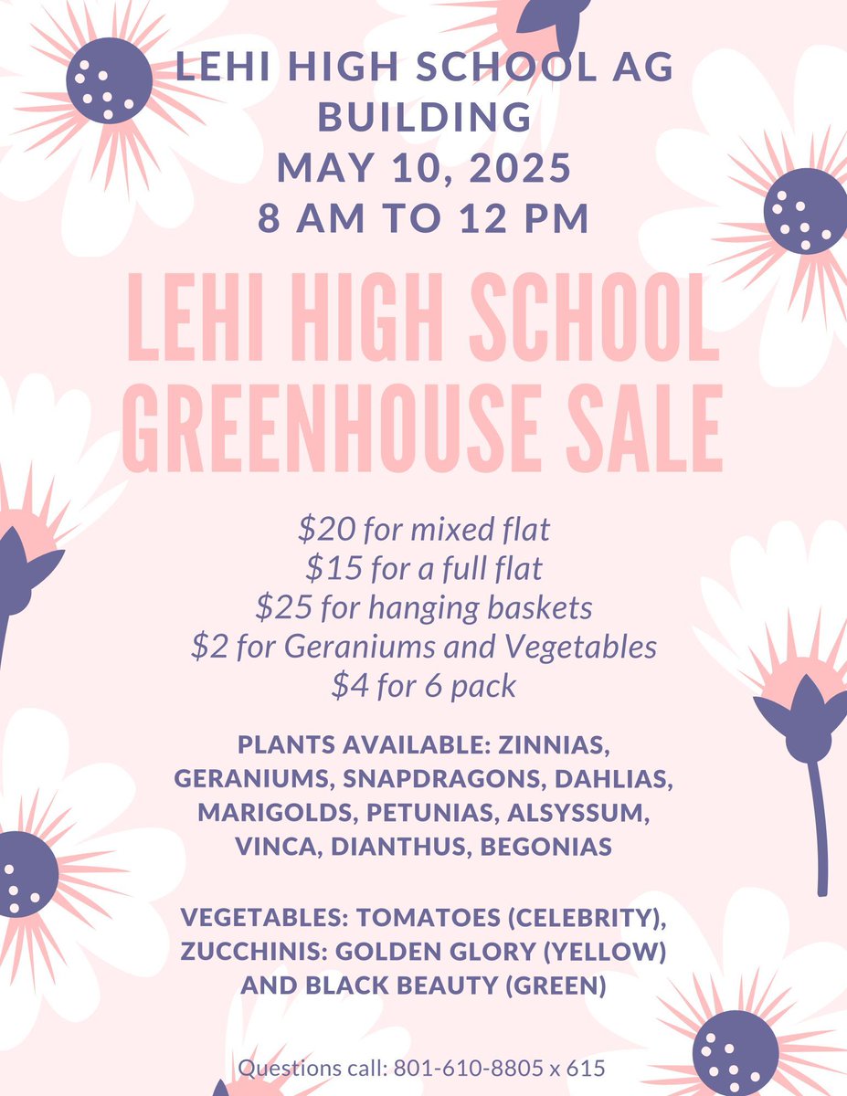 Lehi High School's FFA is having a Greenhouse Sale tomorrow from 8:00 am - 12:00 pm at the Lehi High School Ag building. Many varieties of plants and vegetables are available! Thanks for supporting our high school programs!