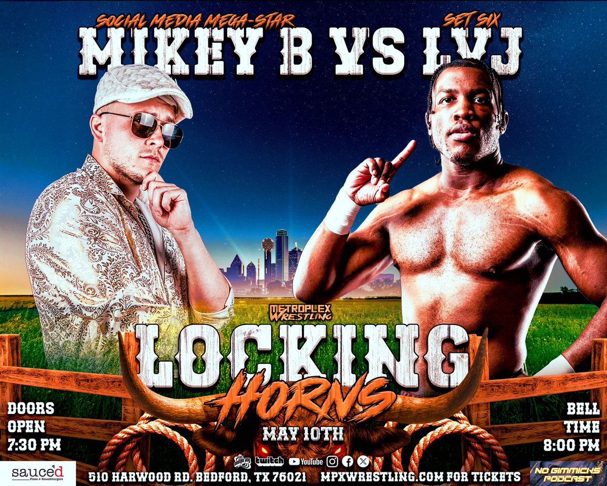 Metroplex Wrestling presents Locking Horns
Saturday May 10th!

🎟 at mpxwrestling.com

510 Harwood Rd in Bedford TX 

Early Access gets in at 715pm for an EXCLUSIVE MATCH

Main Show starts at 8pm

#MPX #wrestling #wwe #fyp #trending #Prom @Smackdown #MothersDay #Sports