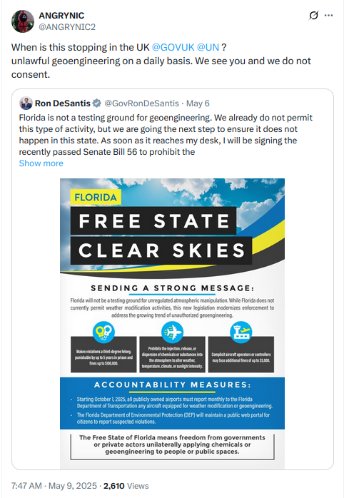 I wonder what <a href="/ANGRYNIC2/">ANGRYNIC</a> is going to say when SB56 becomes law &amp; the Florida skies don't change. Step back a bit &amp; reconsider her position, or double down with an even more outlandish "explanation" for the contrails that annoy her so much?
