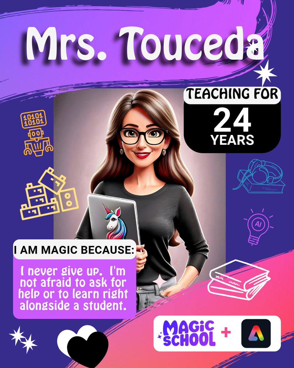 Michelle Touceda (@mtouceda) on Twitter photo What a crazy, busy week it has been! A fun way to wrap up is with the <a href="/AdobeForEdu/">Adobe For Education</a> + <a href="/magicschoolai/">MagicSchool AI 💜 🪄✨</a> remixable template, which shows what makes you a magical educator. Happy #TeacherAppreciationWeek y'all. #AlwaysLearning #TechTOSA #womenintech #EmpoweredByITI What a crazy, busy week it has been! A fun way to wrap up is with the <a href="/AdobeForEdu/">Adobe For Education</a> + <a href="/magicschoolai/">MagicSchool AI 💜 🪄✨</a> remixable template, which shows what makes you a magical educator. Happy #TeacherAppreciationWeek y'all. #AlwaysLearning #TechTOSA #womenintech #EmpoweredByITI