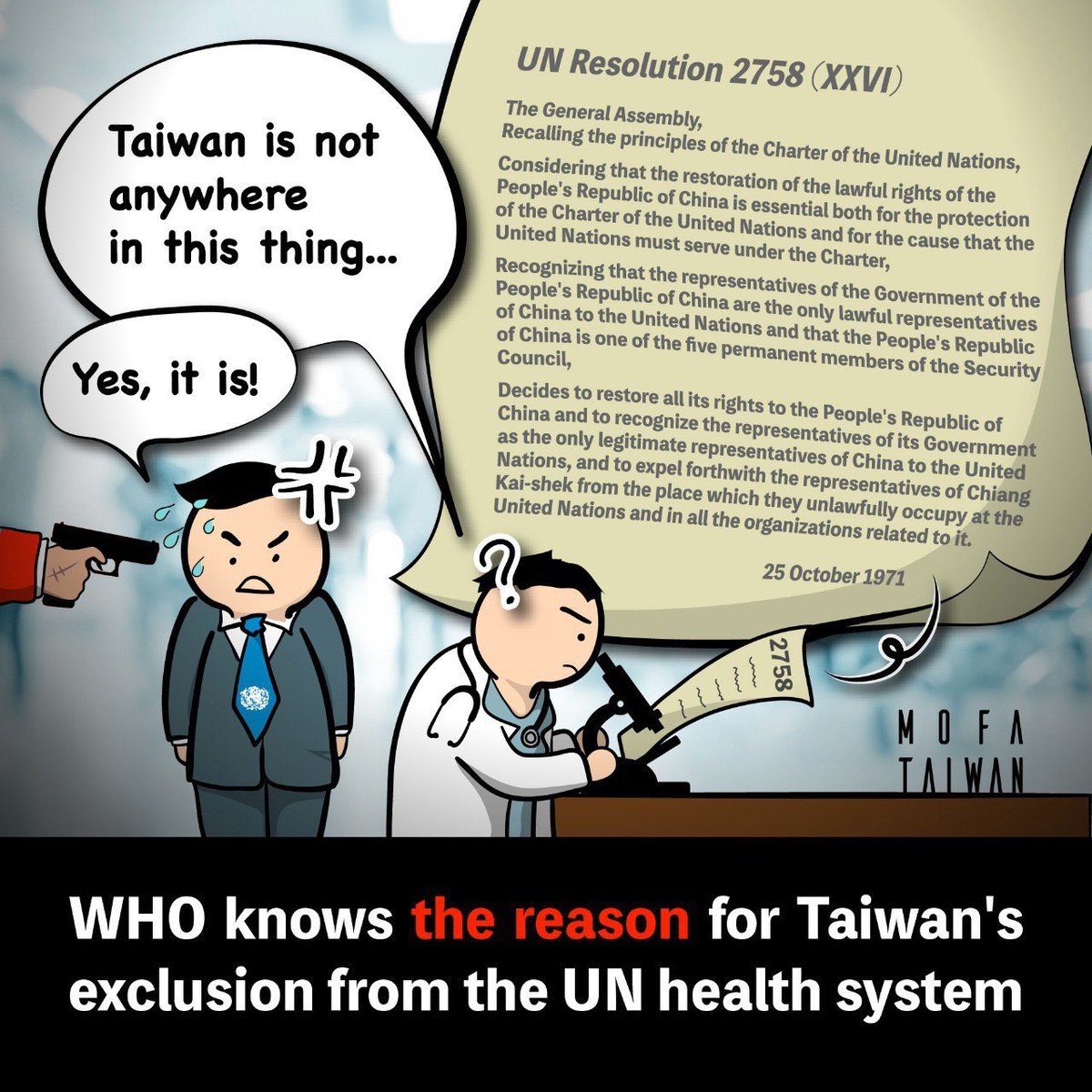Taiwan has long been contributing to global health. However, China continues to misuse UN Resolution 2758 to block Taiwan’s participation in the United Nations system. As the 78th World Health Assembly fast approaches, Taiwan remains unjustly excluded.
WHO knows the reason!