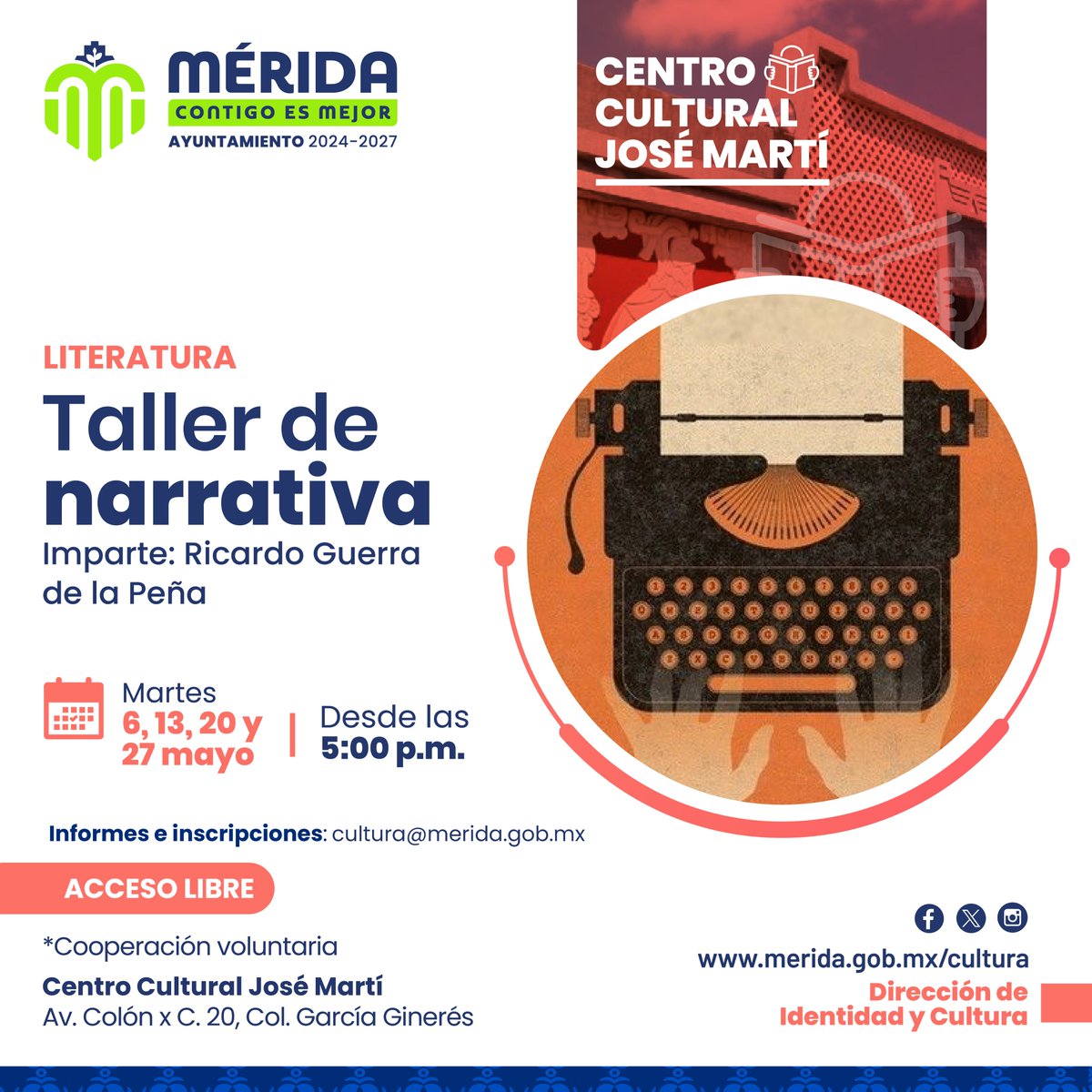 MeridaCultura1's tweet image. Los martes y los viernes de mayo tienes una cita para desarrollar tu lado creativo y ejercitar la escritura en los talleres que ofrecen @RicardoGuerraP y @Mateo7PV en el Centro Cultural José Martí. Informes en: 👉cultura@merida.gob.mx #MéridaContigoEsMejor @CeciliaPatronL