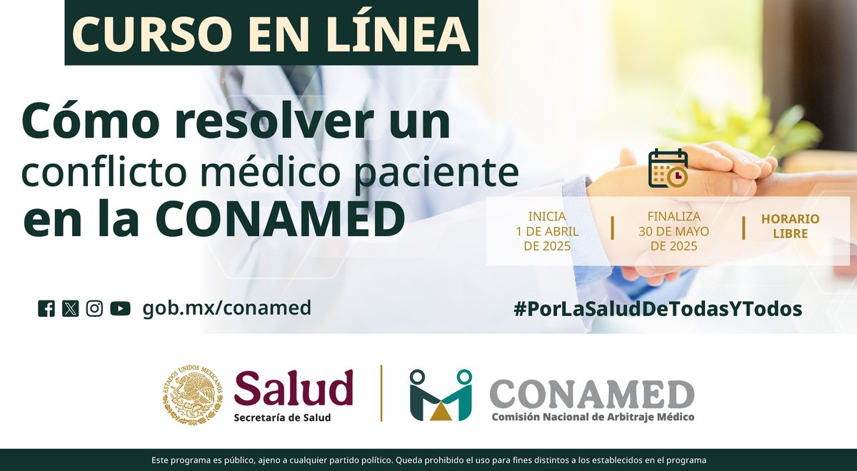 CONAMED_SALUD's tweet image. #CursosCONAMED
¿Eres usuaria / usuario de algún servicio de #salud? Esto te interesa, cómo resolver un conflicto médico paciente en la #CONAMED ⚖️🩺

🌐 Inscríbete al #CursoEnLínea, dirigido al público en general 👉 bit.ly/3aE0NBC
#CONAMED #PublicoEnGeneral